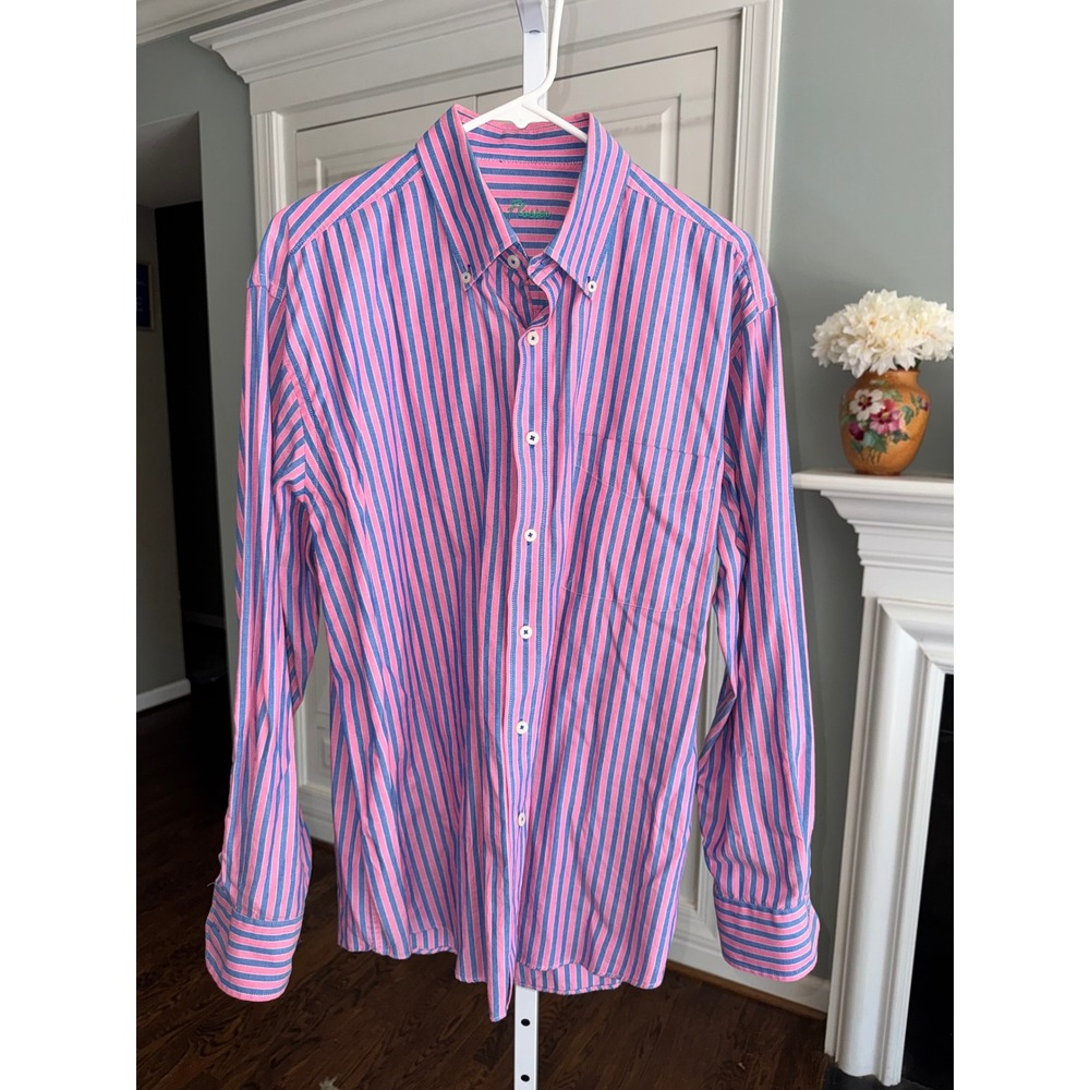 Alan Flasser Mens Pink Blue Striped‎ Cotton Oxford Button Down Shirt Large L